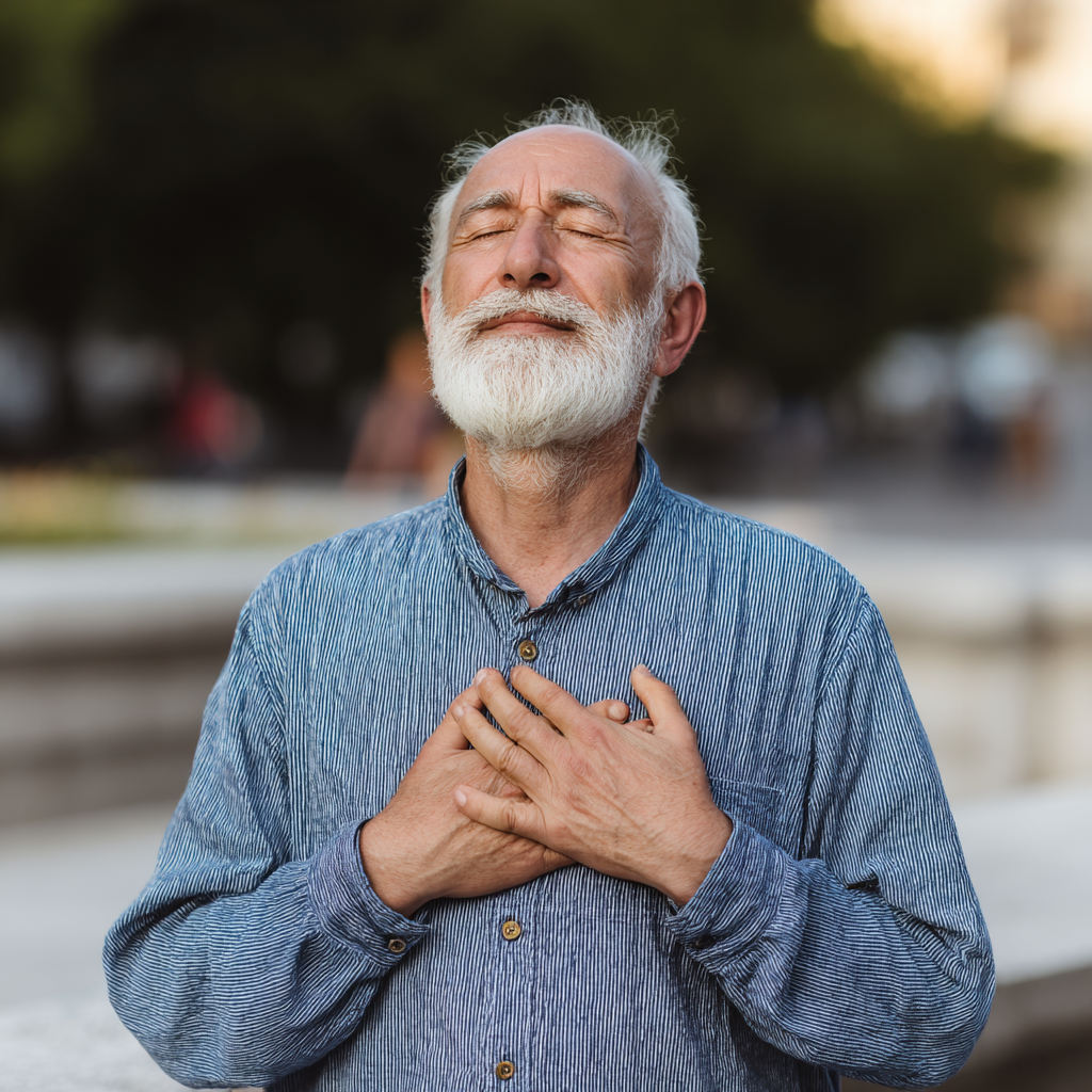 Elderly European woman in comfortable yoga pose on mat, smiling peacefully in bright natural light studio