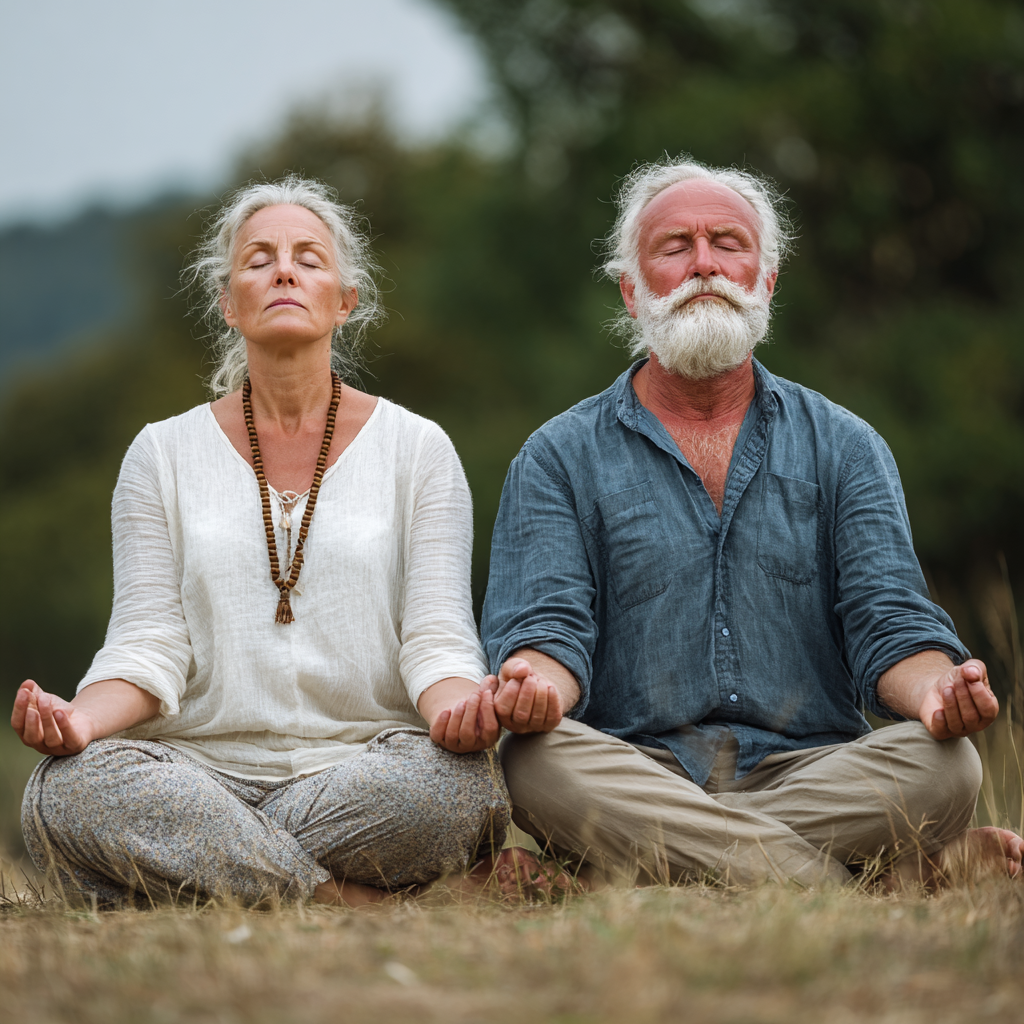 Group of elderly European people practicing gentle yoga poses outdoors, expressions of calm contentment and physical strength