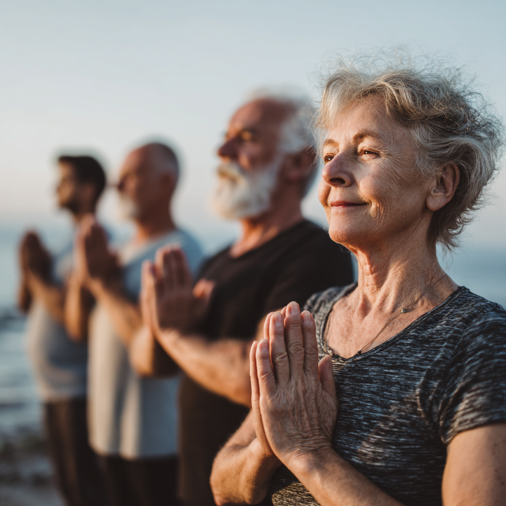 Elderly European man and woman sitting in meditation pose together, showing strength and serenity in natural outdoor setting